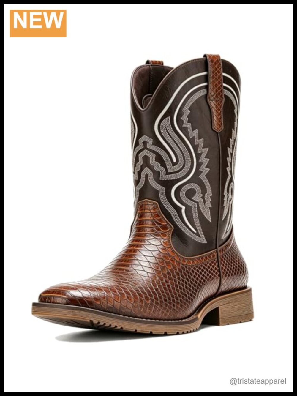 Faux Snake Skin Western Cowboy Boots Embroidery Square Toe Mid-Calf Pull-On
